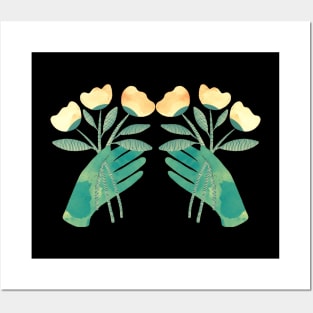 Green hands with yellow flowers for you on black background Posters and Art